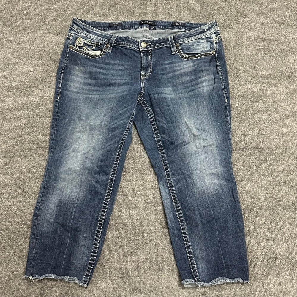 Vigoss Capri Jeans Womens Size 22 Blue Heritage Fit Embellished Raw Hem Denim